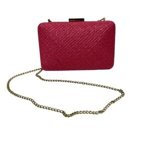 Olga Berg Woven Straw Clutch Chain Strap Evening Bag Pink